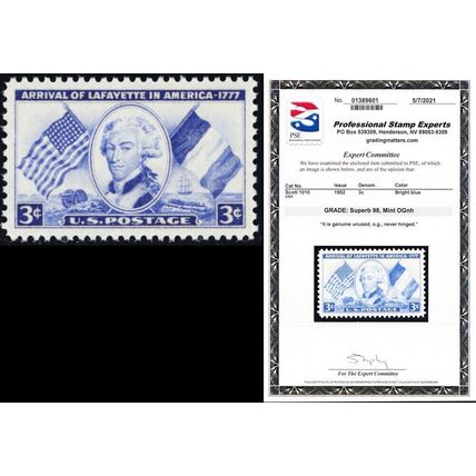 1010, Mint NH Superb 3¢ With Graded 98 PSE Certificate* Stuart Katz