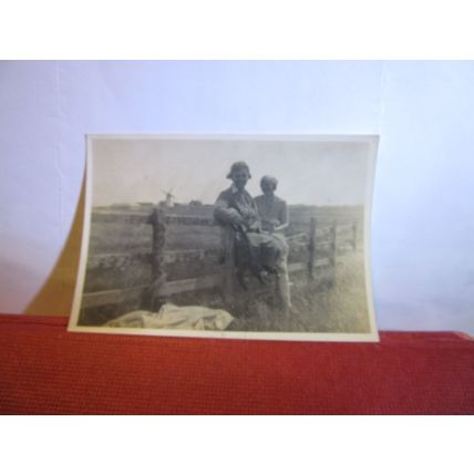 unknown WINDMILL and 2 ladies on the fence small photograph 1930s #