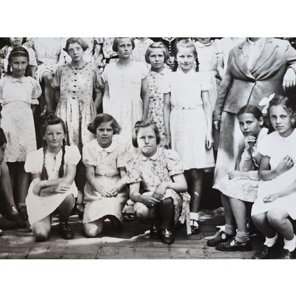 German School girls group photograph skirts, legs, fashion Hamburg Germany 1950s