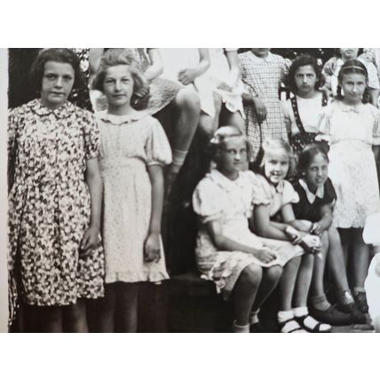 German School girls group photograph skirts, legs, fashion Hamburg Germany 1950s