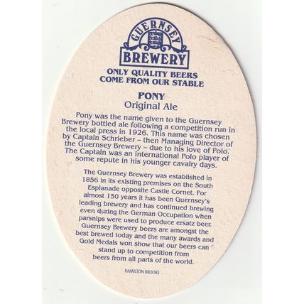 BEER MAT - GUERNSEY BREWERY - PONY ORIGINAL ALE - (Cat No 030) - (1993)