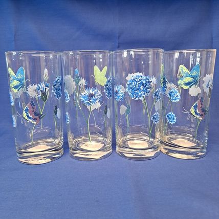 NEW 4 Royal Norfolk BUTTERFLY GLASSES Blue Flowers Tumblers Drink 16 oz