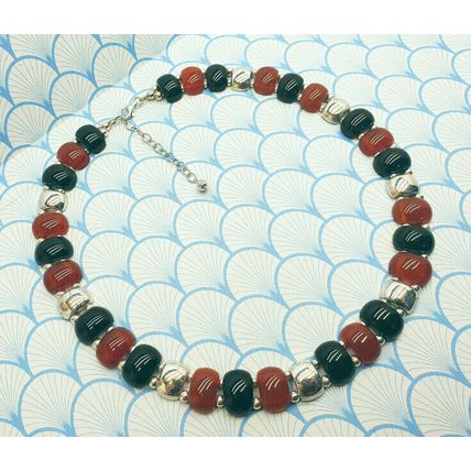 Vintage Chunky 925 Sterling Silver Onyx & Carnelian Statement Necklace with Box