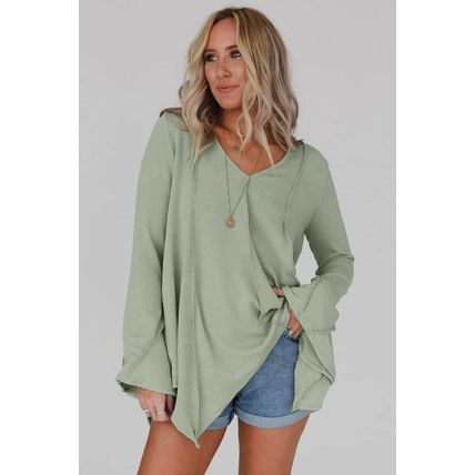 Green Ribbed Expose Seam Bell Sleeve Top