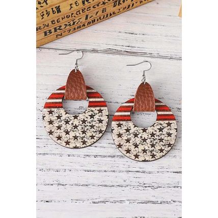 White Flag Print Round Wooden Dangle Earrings