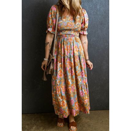 Yellow Smocked Bodice High Waist Puff Sleeve Floral Dress