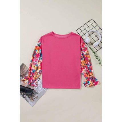 Sachet Pink Flower Patchwork Ruffled Sleeve Ribbed Knit Drop Shoulder Top