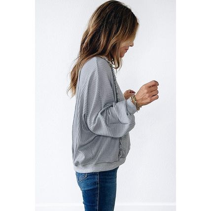 Light Grey Waffle Patchwork Long Sleeve Raw Hem Pullover Top