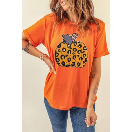 Orange Halloween Leopard Pumpkin Crew Neck Graphic Tee