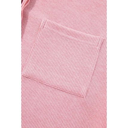 Pink Ribbed Knit Collared Henley Top with Chest Pocket
