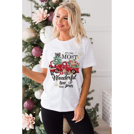 White Christmas Pattern Slogan Print Crew Neck T Shirt