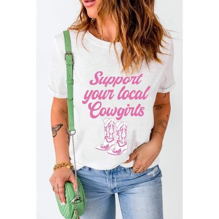 White Support Your Local Cowgirls Boots Print Crewneck Tee