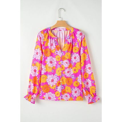 Rose Floral Print Flounce Sleeve Notched Neck Blouse