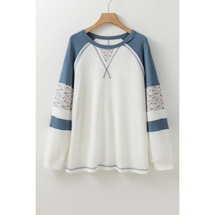 White Floral Patchwork Waffle Knit Raglan Top