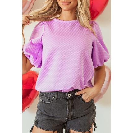 Phalaenopsis Solid Textured O Neck Puff Sleeve Blouse