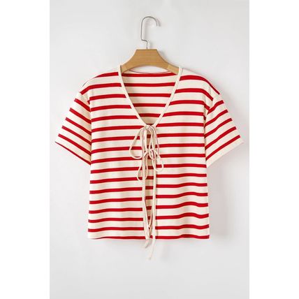 Red Stripe Lace-up Front Top and High Waist Shorts Set