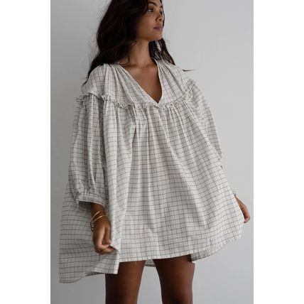 White Stripe Checkered Frilled V Neck Bracelet Sleeve Babydoll Dress
