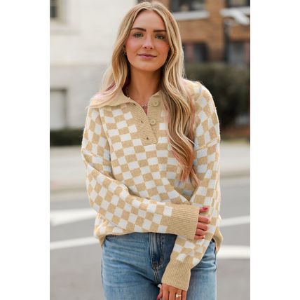 Apricot Checkered Buttons Collar V Neck Drop Shoulder Sweater
