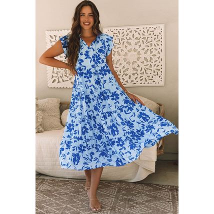 Sky Blue Floral Print Tiered Frilled Trim Flutter Sleeve Maxi Dress