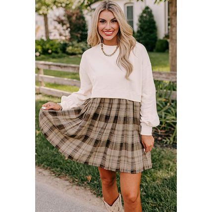 Beige Plaid Patchwork High Waist Sweatshirt Mini Dress