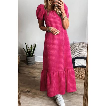 Rose Ginham Check Bubble Sleeve Ruffled Maxi Dress