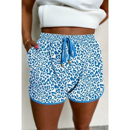 Blue Leopard Elastic Waist Lace up Contrast Trim Casual Shorts