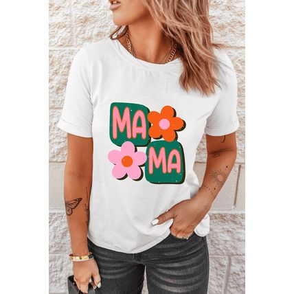 White MAMA Flower Graphic Crewneck Tee