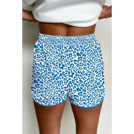 Blue Leopard Elastic Waist Lace up Contrast Trim Casual Shorts
