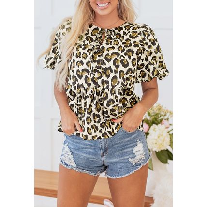 Apricot Leopard Bubble Sleeve Bow Tie Front Peplum Blouse
