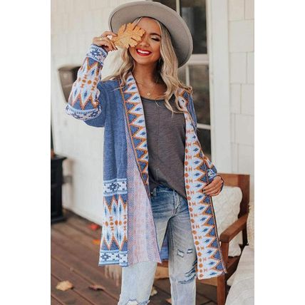 Blue Aztec Print Open Front Knitted Cardigan
