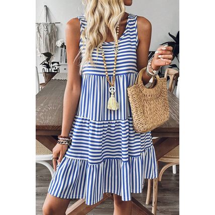 Sky Blue Stripe U Neck Sleeveless Loose Fit Mini Dress