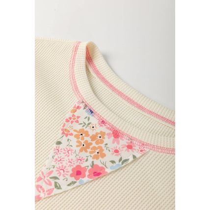 Beige Floral Patchwork Chest Pocket Wide Sleeve Waffle T Shirt