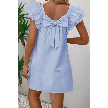 Beau Blue Textured Flutter Sleeve Square Neck Bow Back Mini Dress