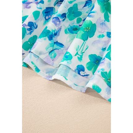 Green Floral Print Striped Trim Split V Neck Puff Short Sleeve Blouse