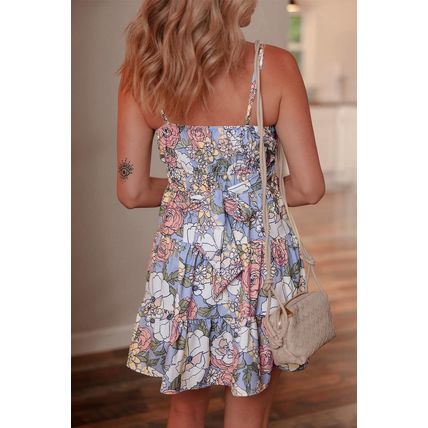 Sky Blue Floral Tiered Patchwork Spaghetti Strap Vacation Dress