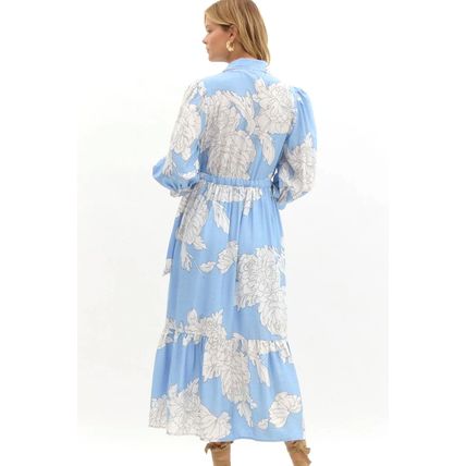 Sky Blue Floral Print Shirt Collar Button Down 3/4 Sleeve Ruffle Hem Long Dress