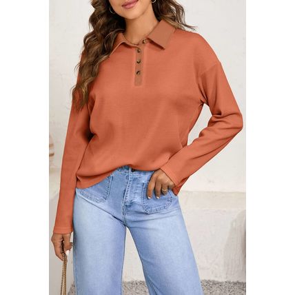 Gold Flame Solid Color Long Sleeve Thermal Knit Polo Collar Patchwork Top