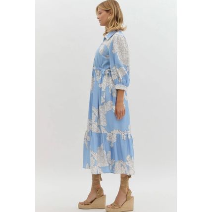 Sky Blue Floral Print Shirt Collar Button Down 3/4 Sleeve Ruffle Hem Long Dress