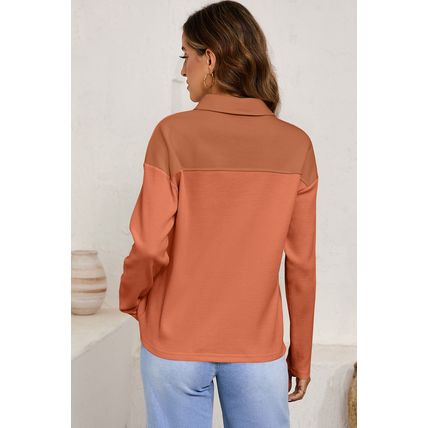 Gold Flame Solid Color Long Sleeve Thermal Knit Polo Collar Patchwork Top