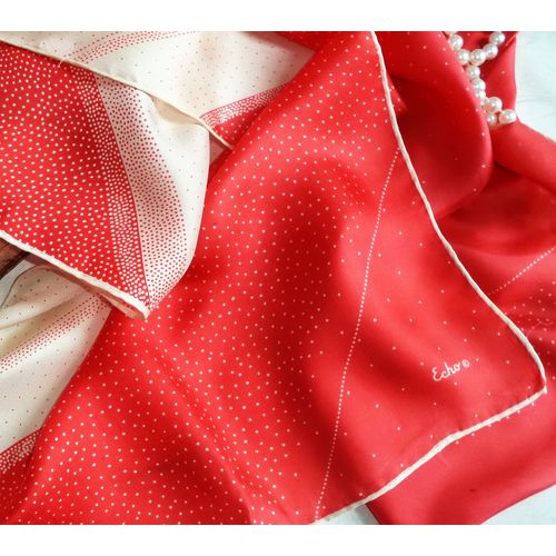 ECHO vintage 60s retro Silk Scarf Long Rolled Sea Coral Cream Polka Dot sash