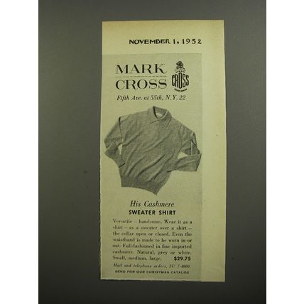 1952 Mark Cross Sweater Shirt Ad - His Cashmere Sweater Shirt
