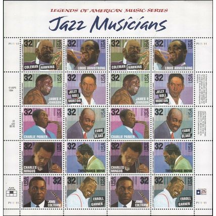 Jazz Musicians Sheet of Twenty 32 Cent Postage Stamps Scott 2983-92