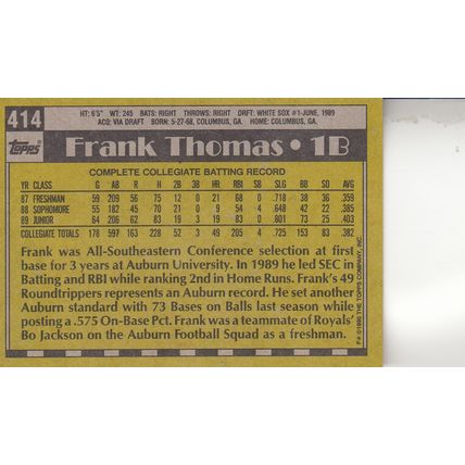 FRANK THOMAS 1990 ROOKIE AUTOGRAPHED CHICAGO WHITE SOX HOF WORLD CHAMPION PLAYER