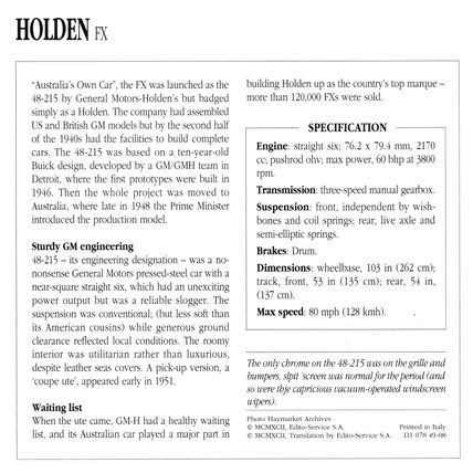 Collectors Club card. Classic Cars. Holden FX