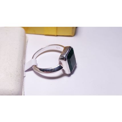 Estate 3.5ct Natural Emerald Cut Emerald bezel Polished SterlingSilver Ring22258
