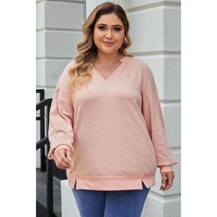 Pink Raw Cut Notched Neck Plus Size French Terry Hoodie