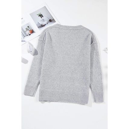 Light Grey Loose Eyelet V Neck Drop Shoulder Sweater