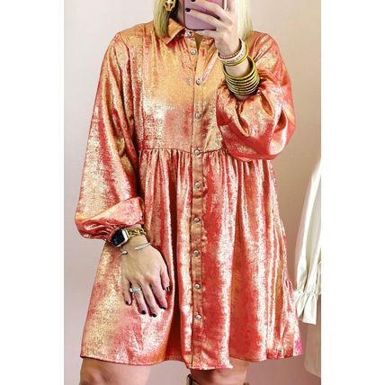 Peach Blossom Metallic Balloon Sleeve Shirt Plus Size Mini Dress