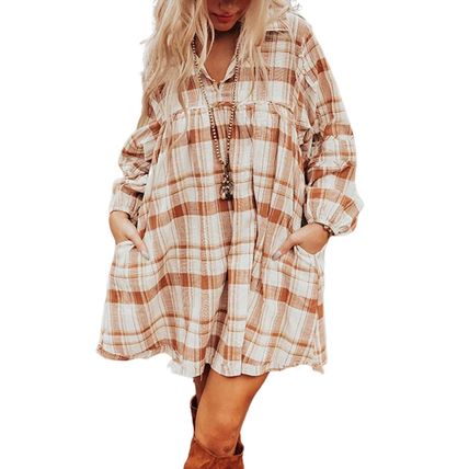 Brown Plaid Print Side Pockets Frilled Babydoll Mini Dress