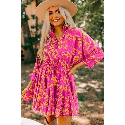 Pink Floral Print Drawstring Tunic Flowy Short Dress